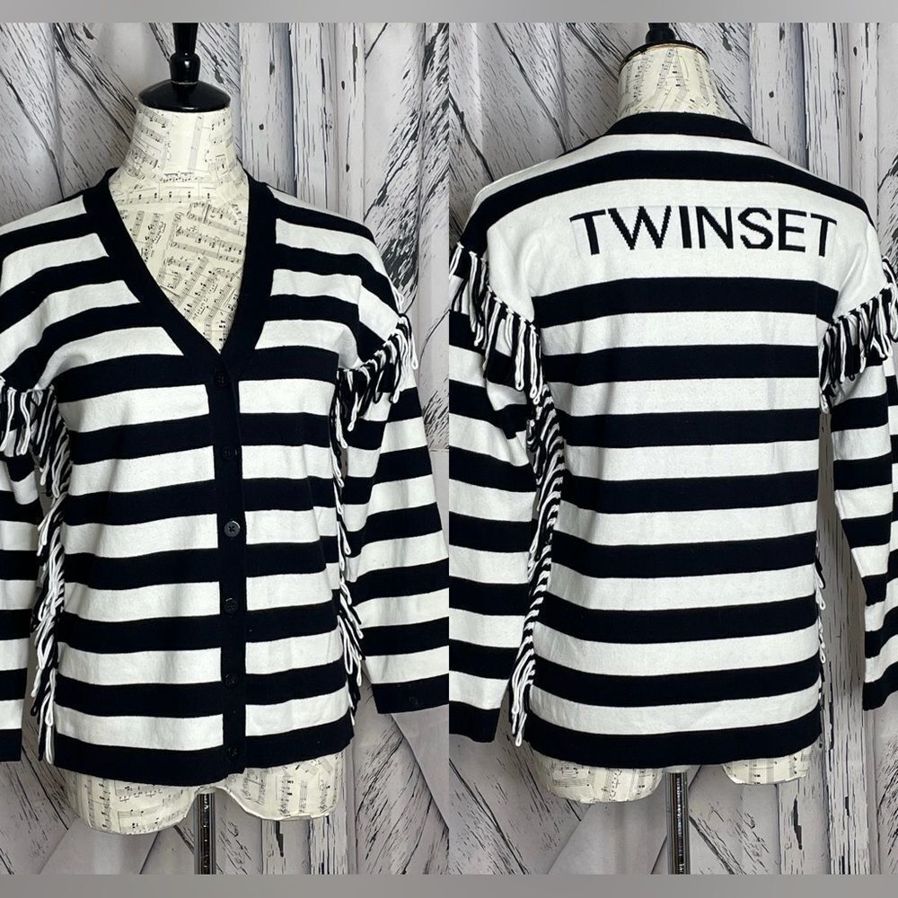 Twinset Sweater V-Neck Cardigan Stripes & Fringe 12